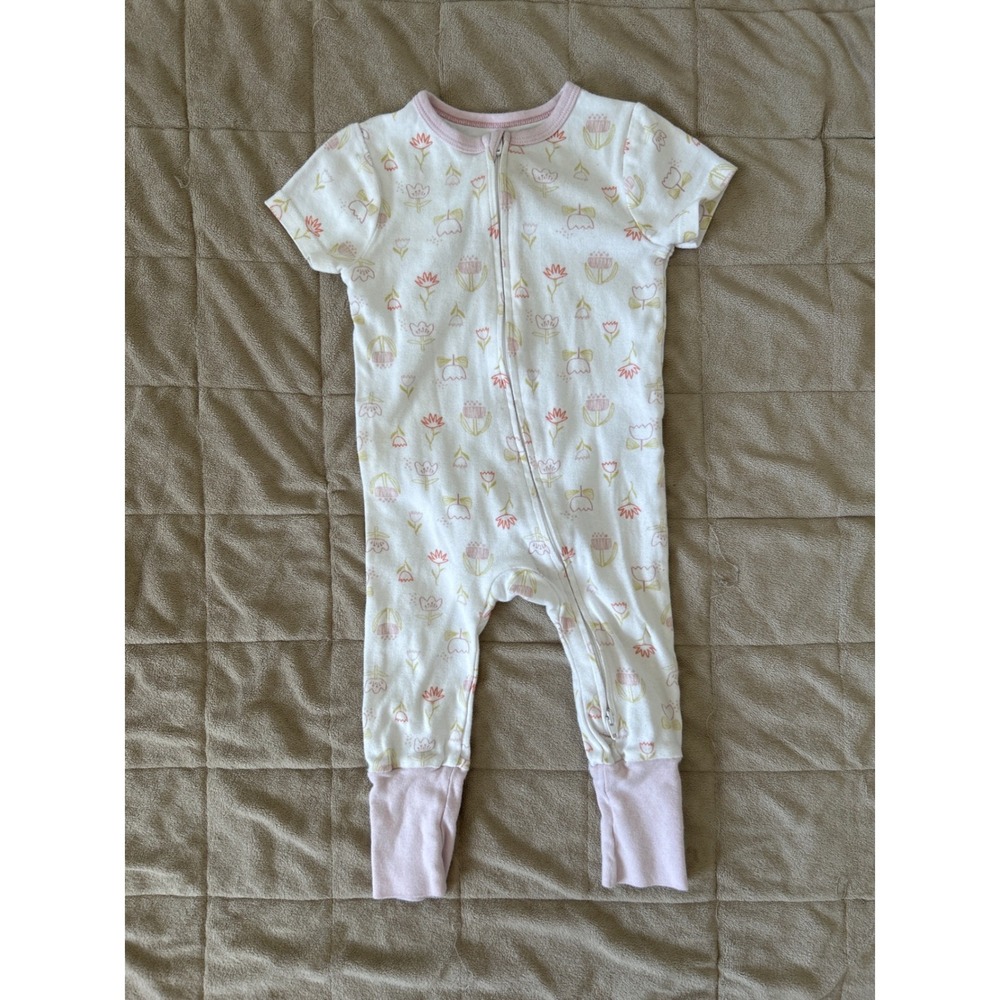 Burt's Bees Baby Girls Floral Tulip Short Sleeve Zip Front Romper White Pink